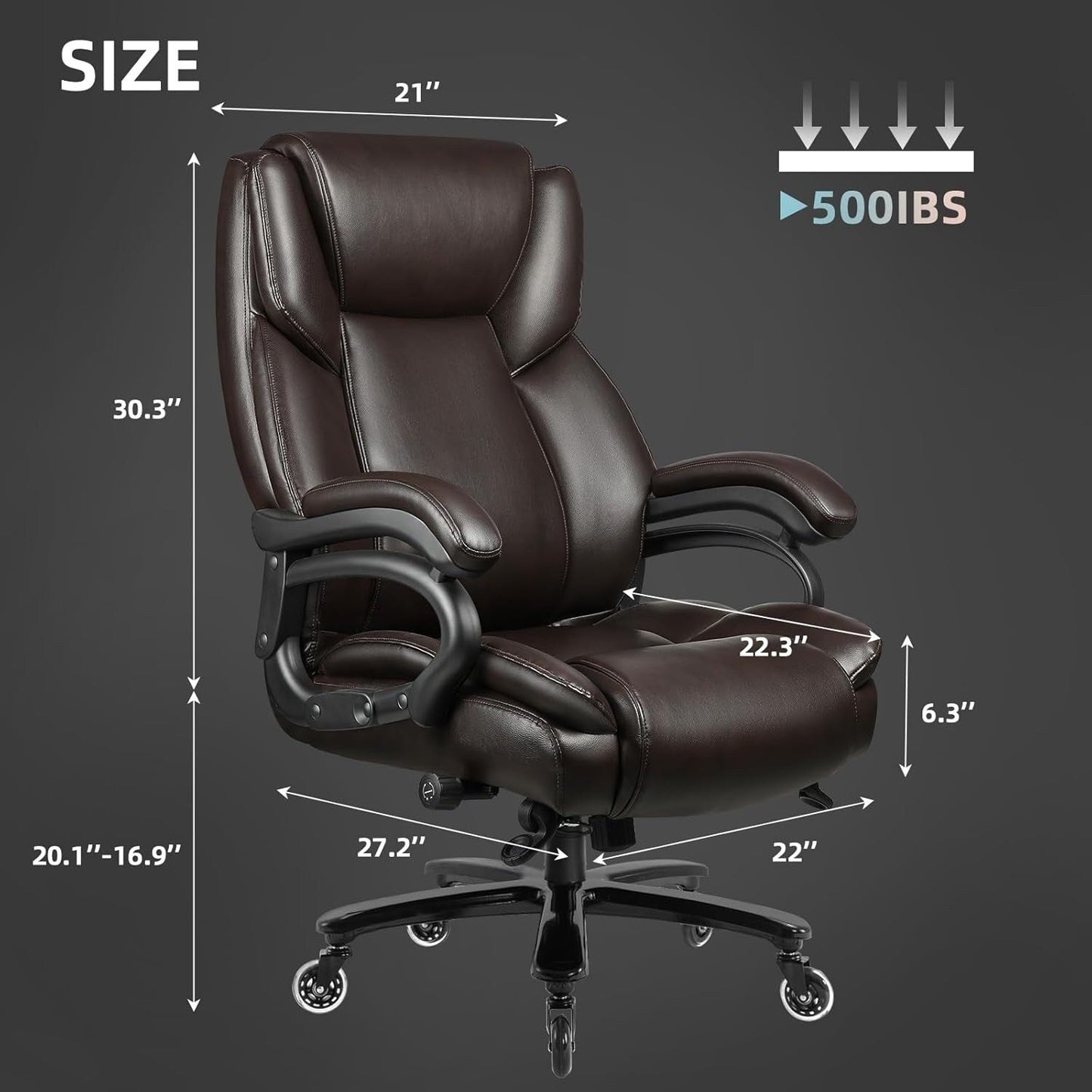 Bossin Big and Tall Executive Office Chair,500LBS Adjustable Lumbar Support Ergonomic Chair with High Back PU Leather Computer