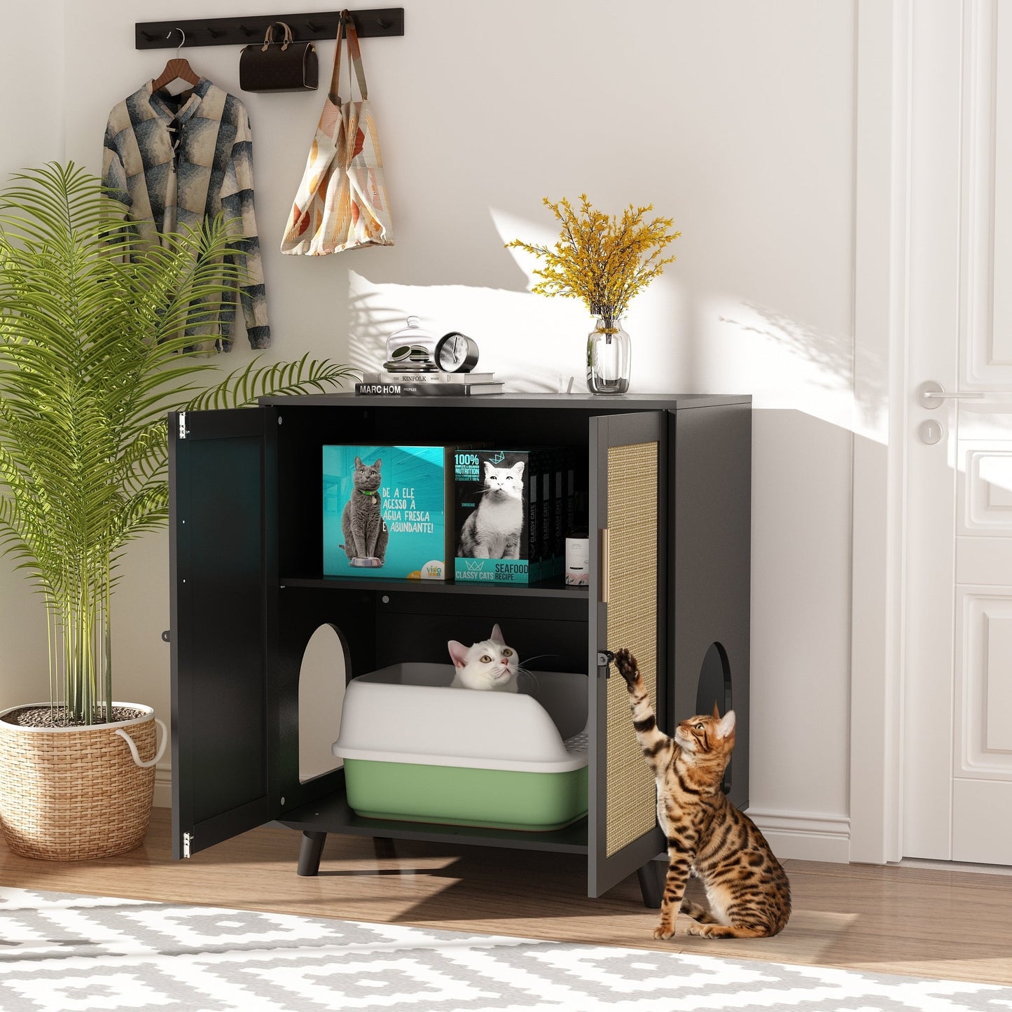 Cat Litter Box Enclosure Cat House Side Table Door Cabinet Bookcase