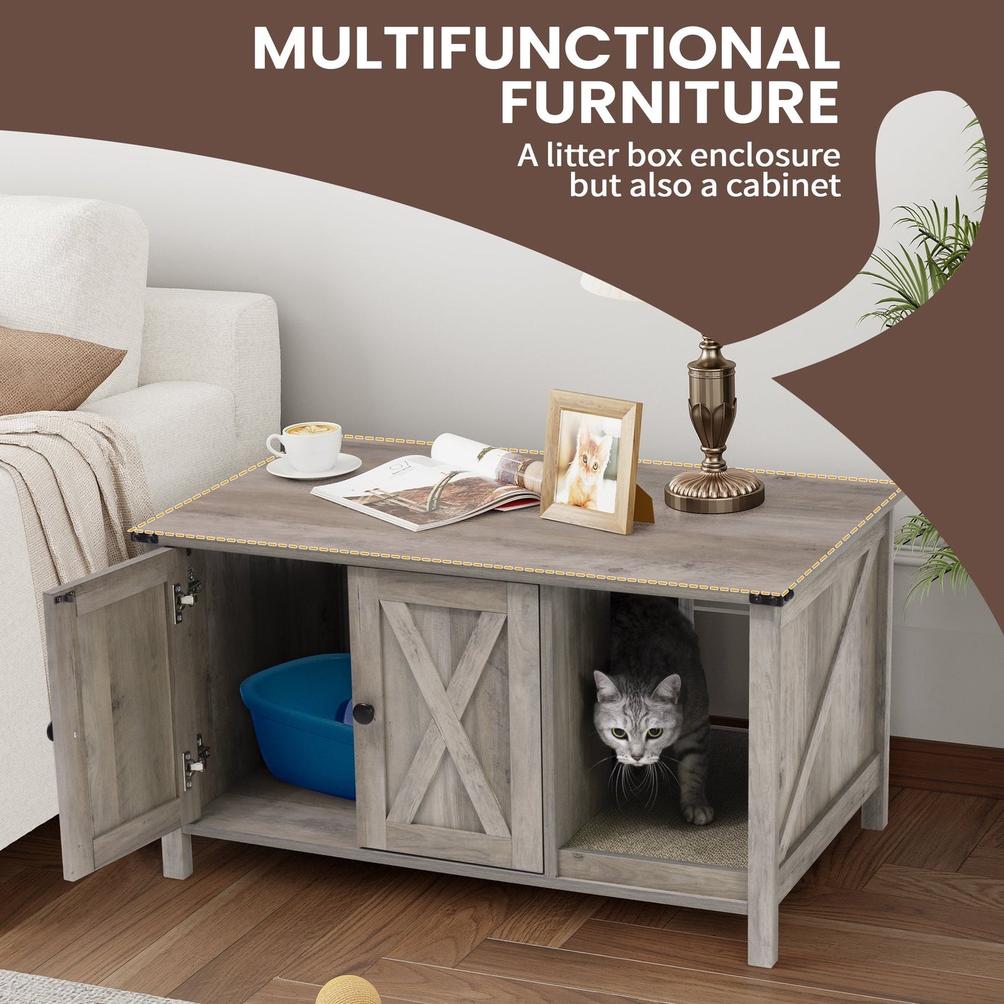 Cat Litter Box Enclosure, Hidden Wood Cat Washroom Furniture with Scratching Post