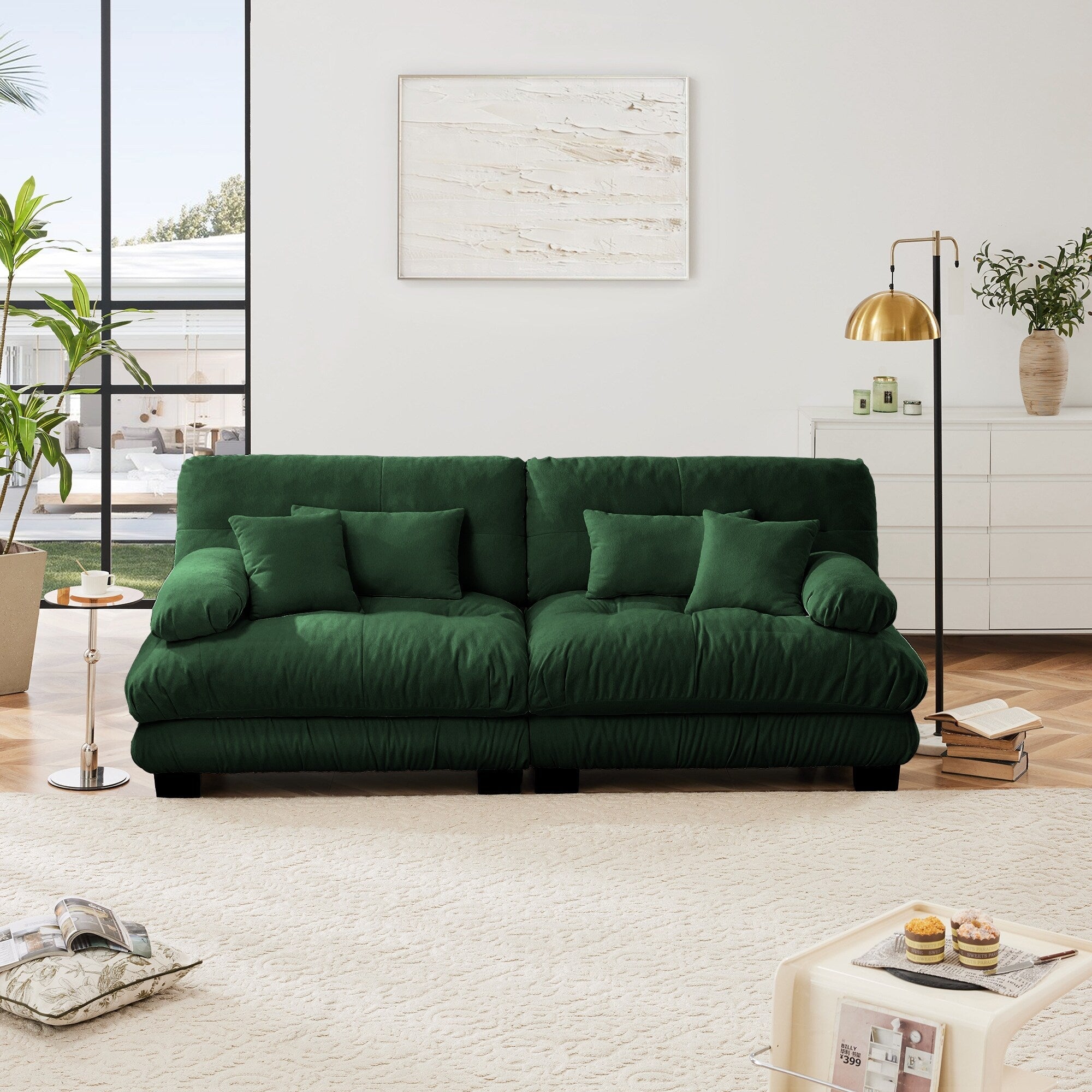 Cloud Couch 2 Seater Sofa for Living Room, Chenille 2 - Seat sofa with 2 Lumbar pillows and 2 throw pillows,Chenille Green