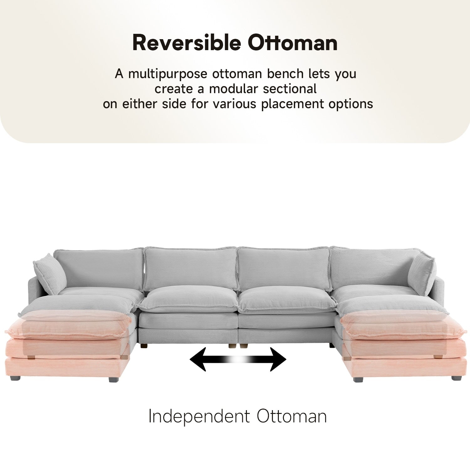 Corduroy Sectional Sofa with Removable Ottomans & Ultra-soft Cushions for Living Room & Bedroom