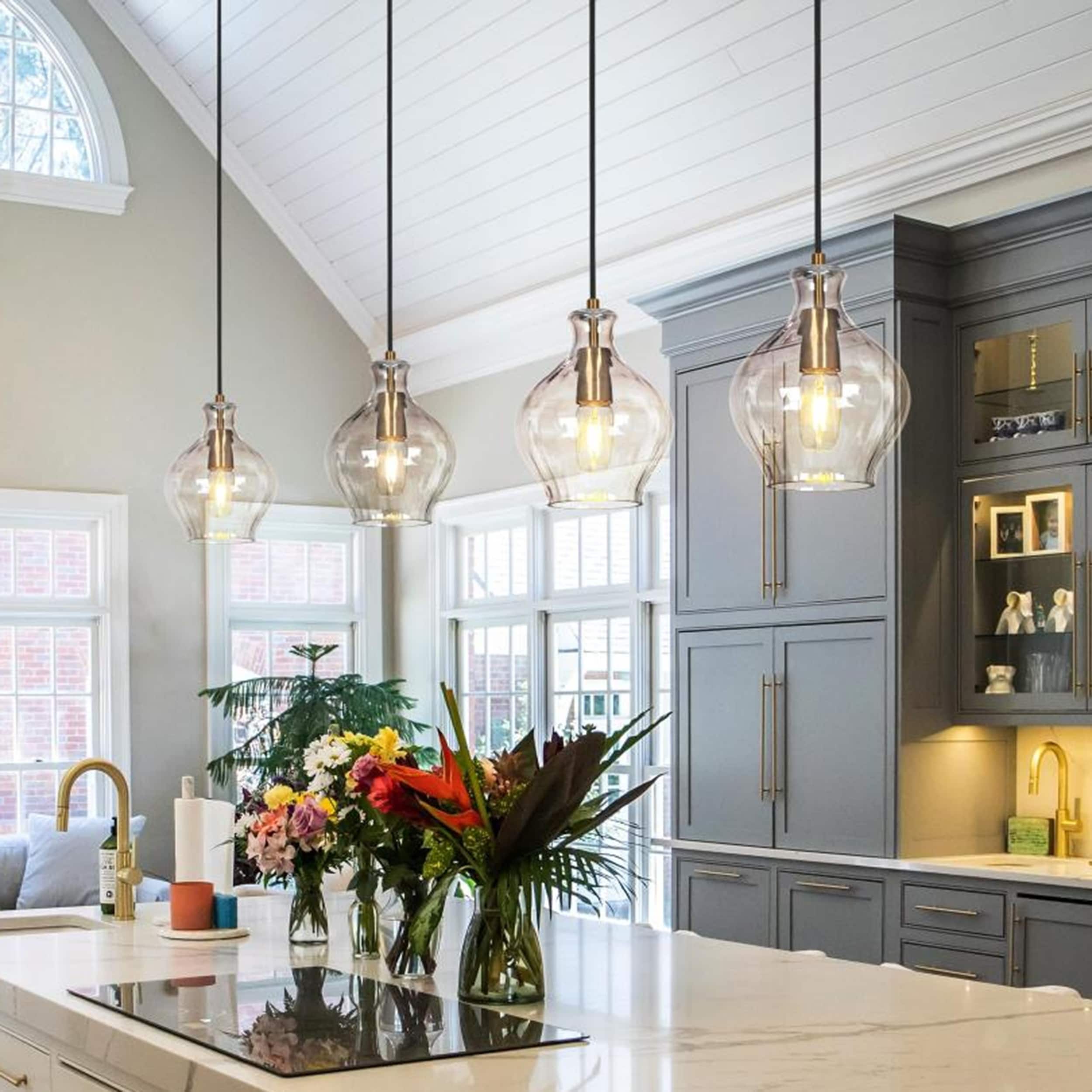 Coria Mid-century Modern Brass Pendant Light 1-Light Chic Dimmable Kitchen Island Lamp Fluted Glass Dining Room