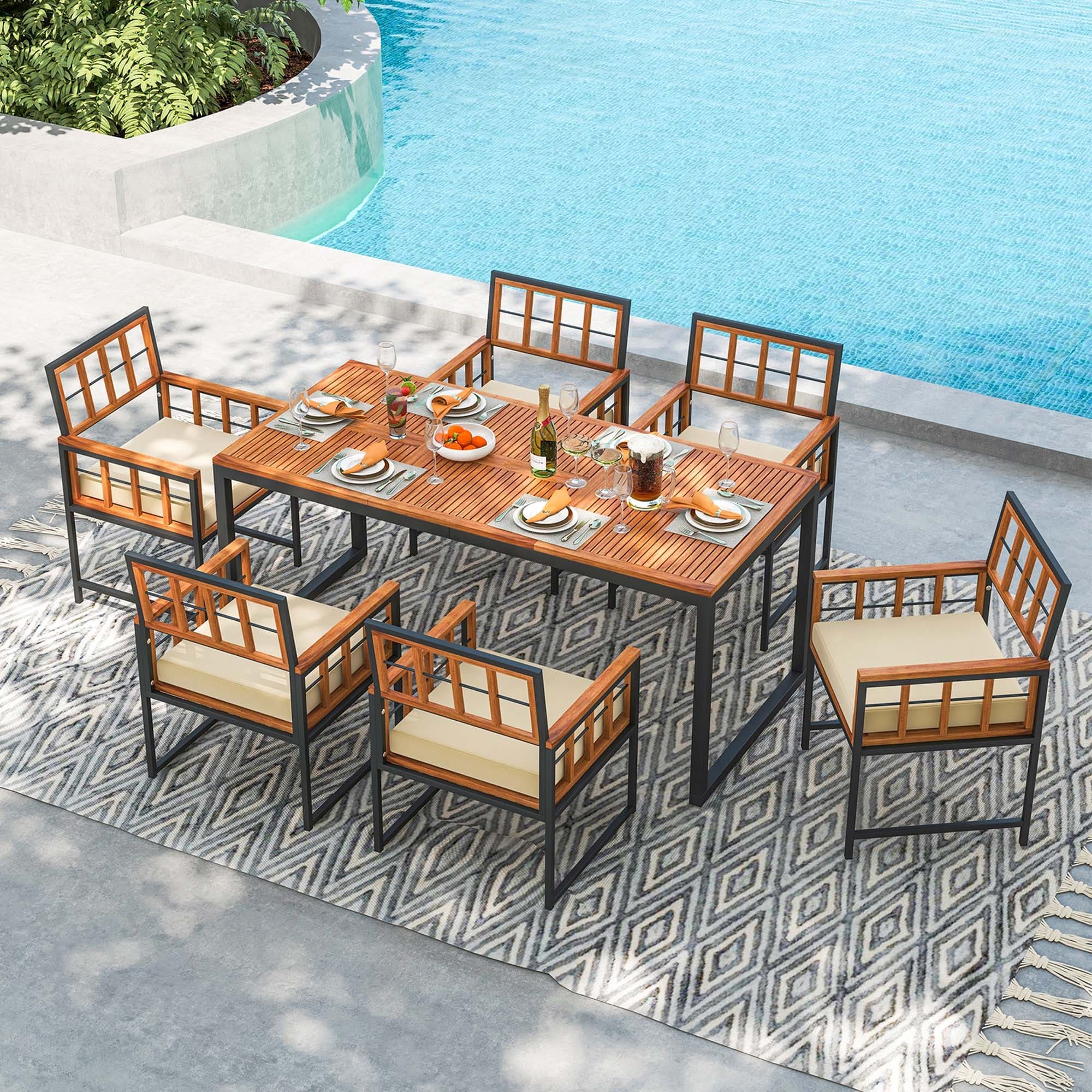 Costway 7 PCS Patio Dining Set Outdoor Acacia Wood Table with Soft - See Details