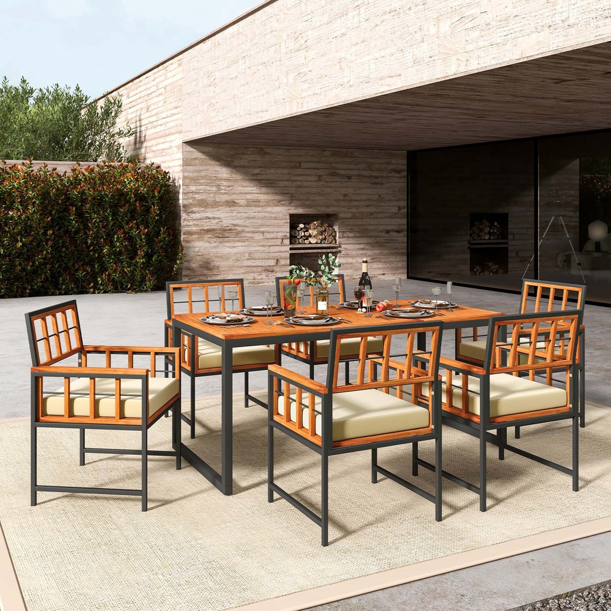 Costway 7 PCS Patio Dining Set Outdoor Acacia Wood Table with Soft - See Details