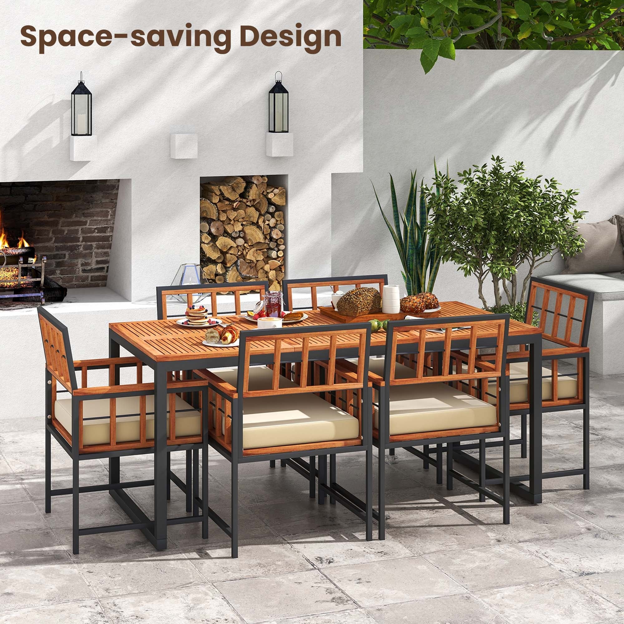 Costway 7 PCS Patio Dining Set Outdoor Acacia Wood Table with Soft - See Details
