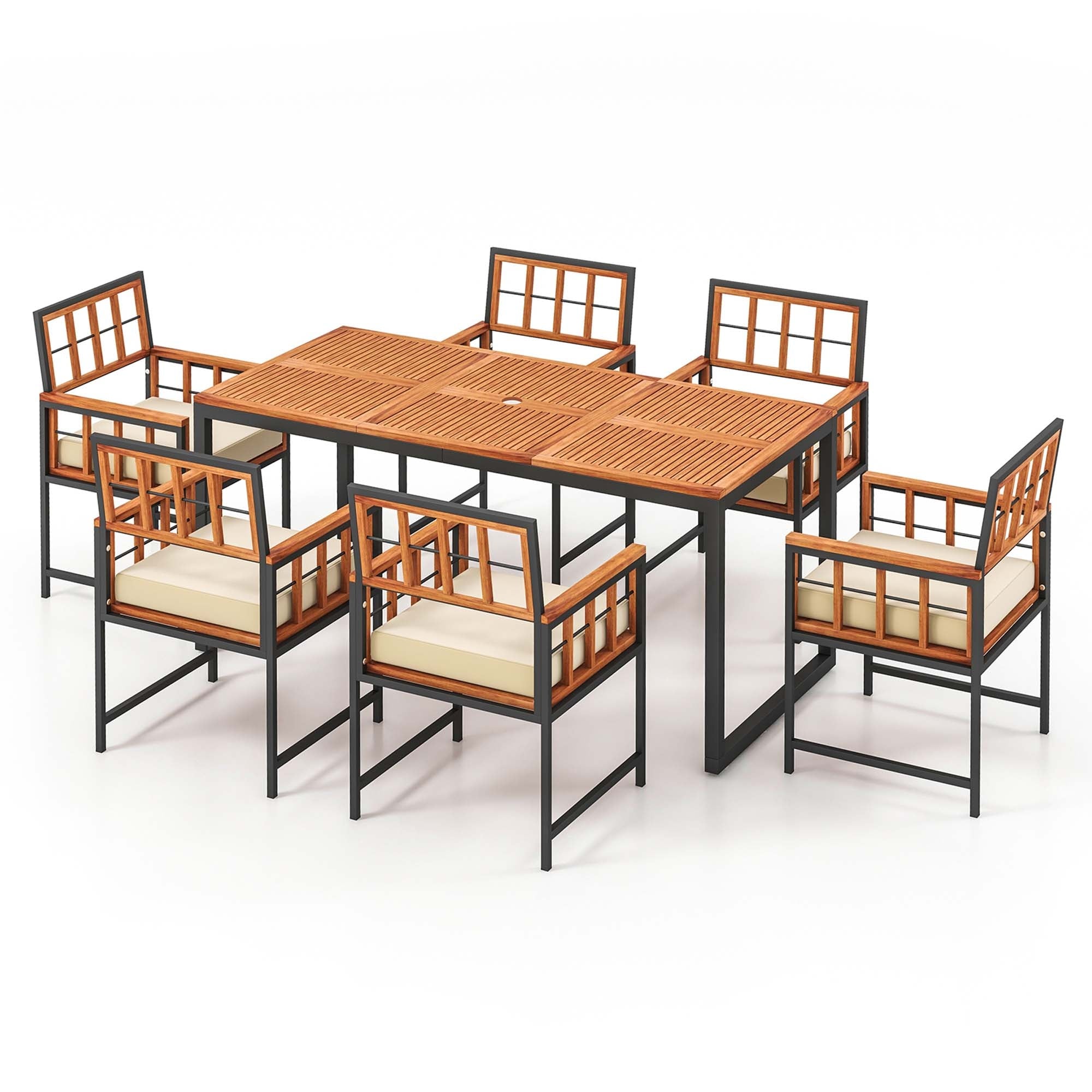 Costway 7 PCS Patio Dining Set Outdoor Acacia Wood Table with Soft - See Details