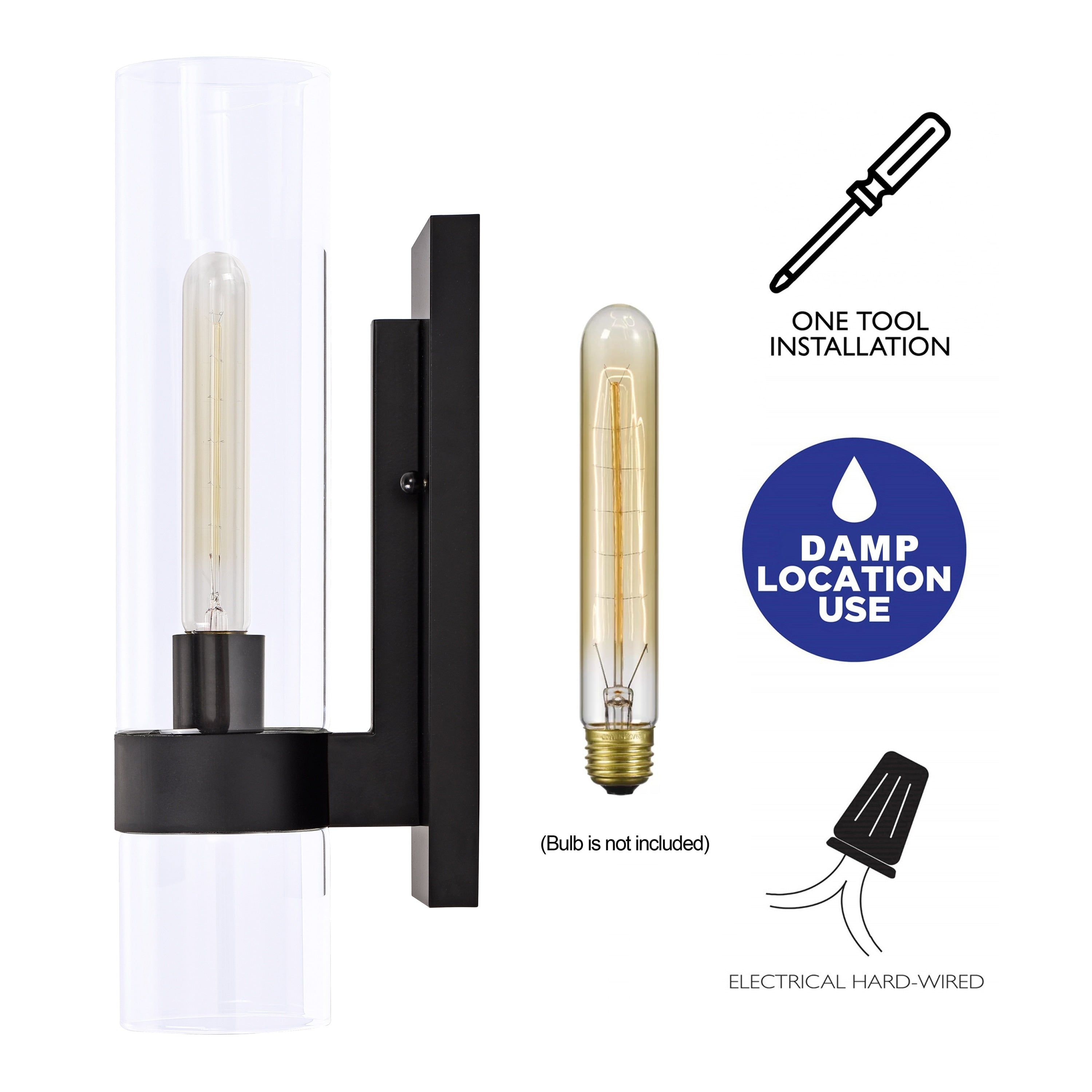 1- Light Cylindrical Clear Glass Wall Sconce