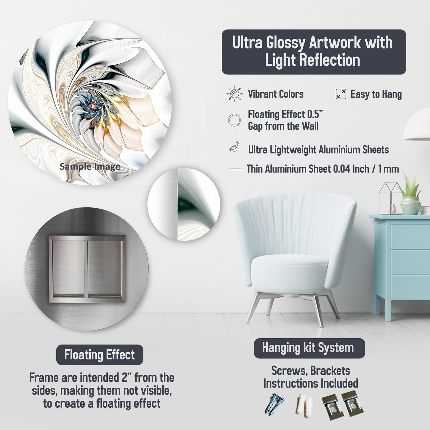 Designart Abstract Shapes And Lines IV Abstract Marble Metal Round Wall Art