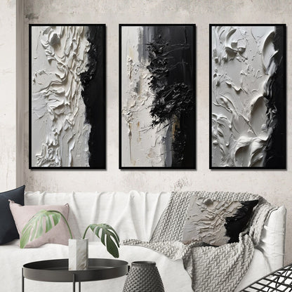 Designart White And Black Tranquility Unleashed III Abstract Marble Framed Wall Art Set Of 3 For Office Decor