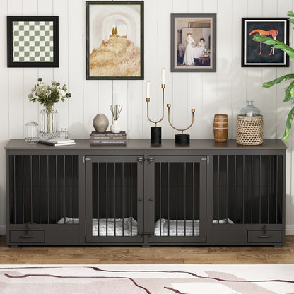 Dog Crate Furniture -Wooden Dog Kennel with Room Divider and 2 Drawers