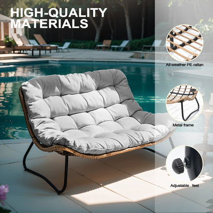 Double Papasan Chair Loveseat with Cushion, All-weather PE Rattan and Metal Frame for Indoor Outdoor