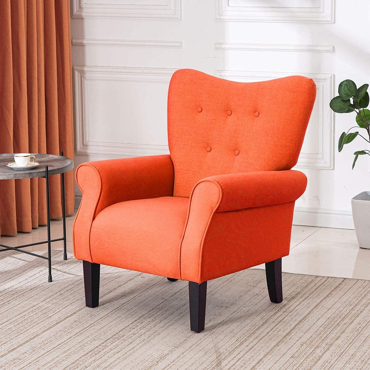 Erommy Modern Accent Chair, High Back Armchair, Upholstered Fabric Button Single Sofa with Wooden Legs for Living Room