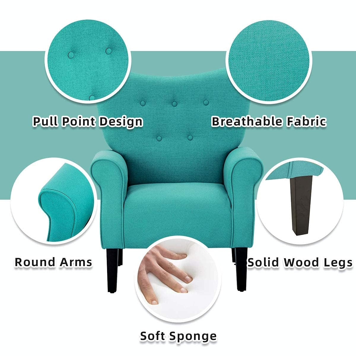 Erommy Modern Accent Chair, High Back Armchair, Upholstered Fabric Button Single Sofa with Wooden Legs for Living Room