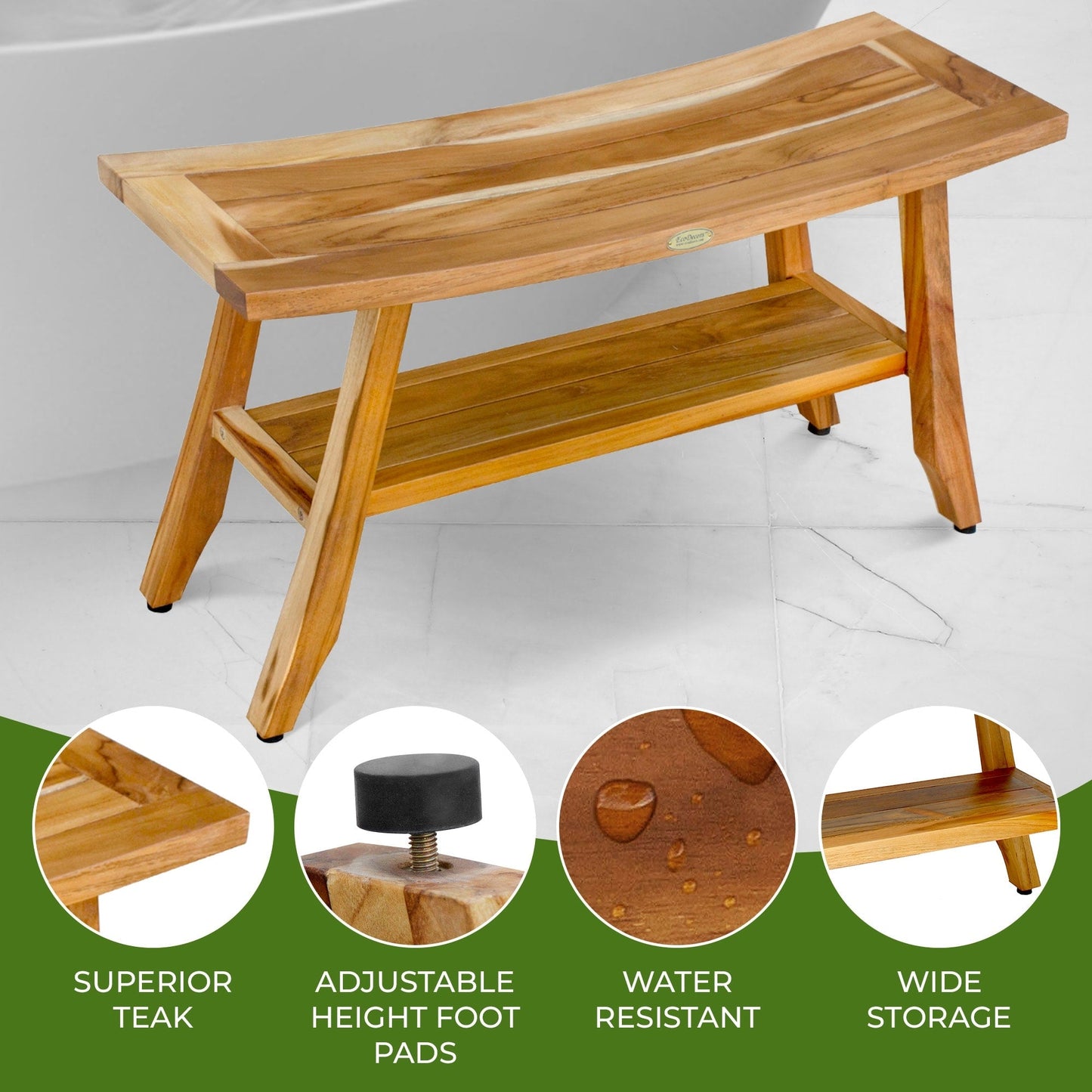 EcoDecors Satori 34-Inch, Teak Shower Bench, Wooden Bench, Bathroom Bench, Shower Seats for Adults, Teak Shower Stool