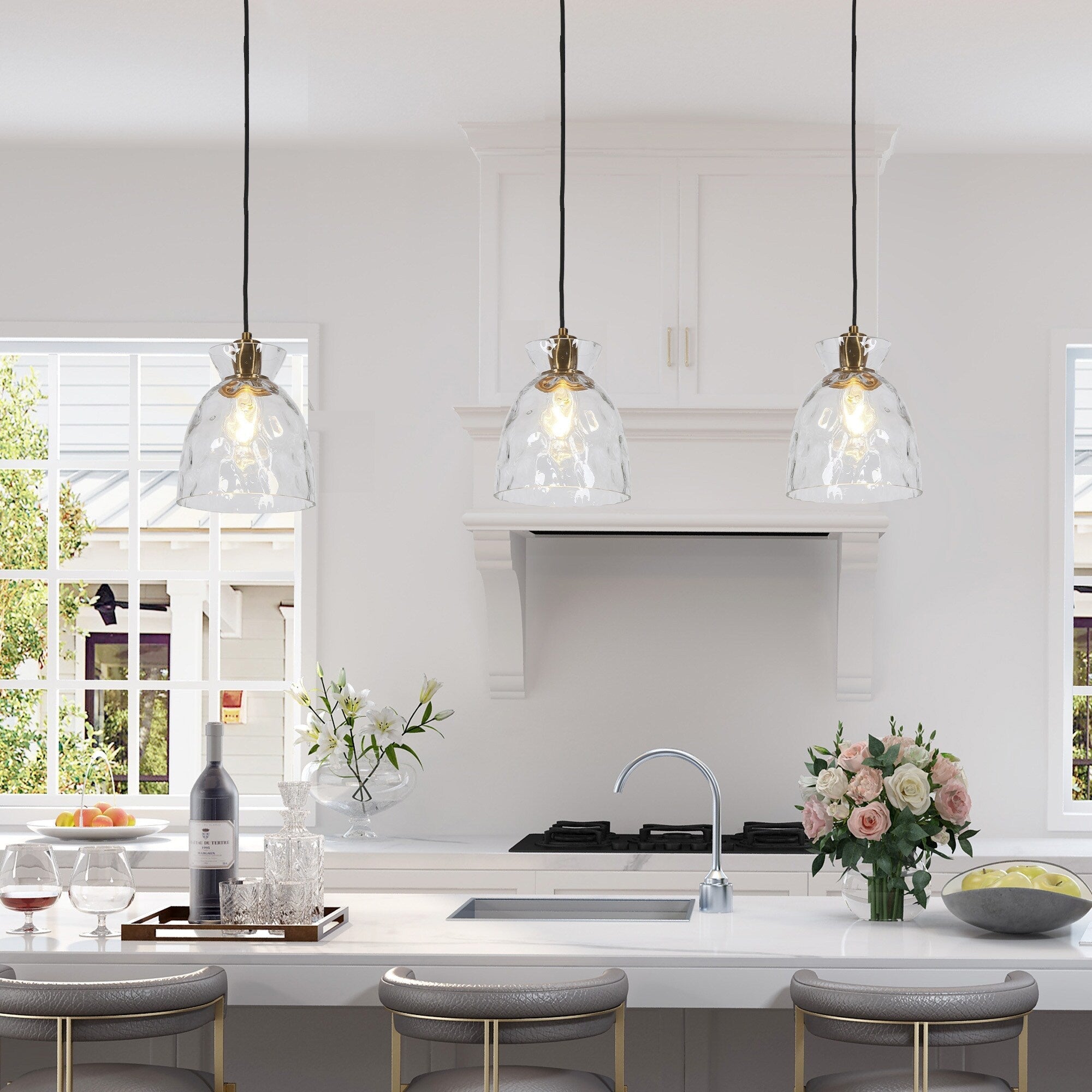 Elisie Mid-century Modern Pendant Light 1-Light Waterfall Glass Hammered Dome Kitchen Island Lighting Dining Room