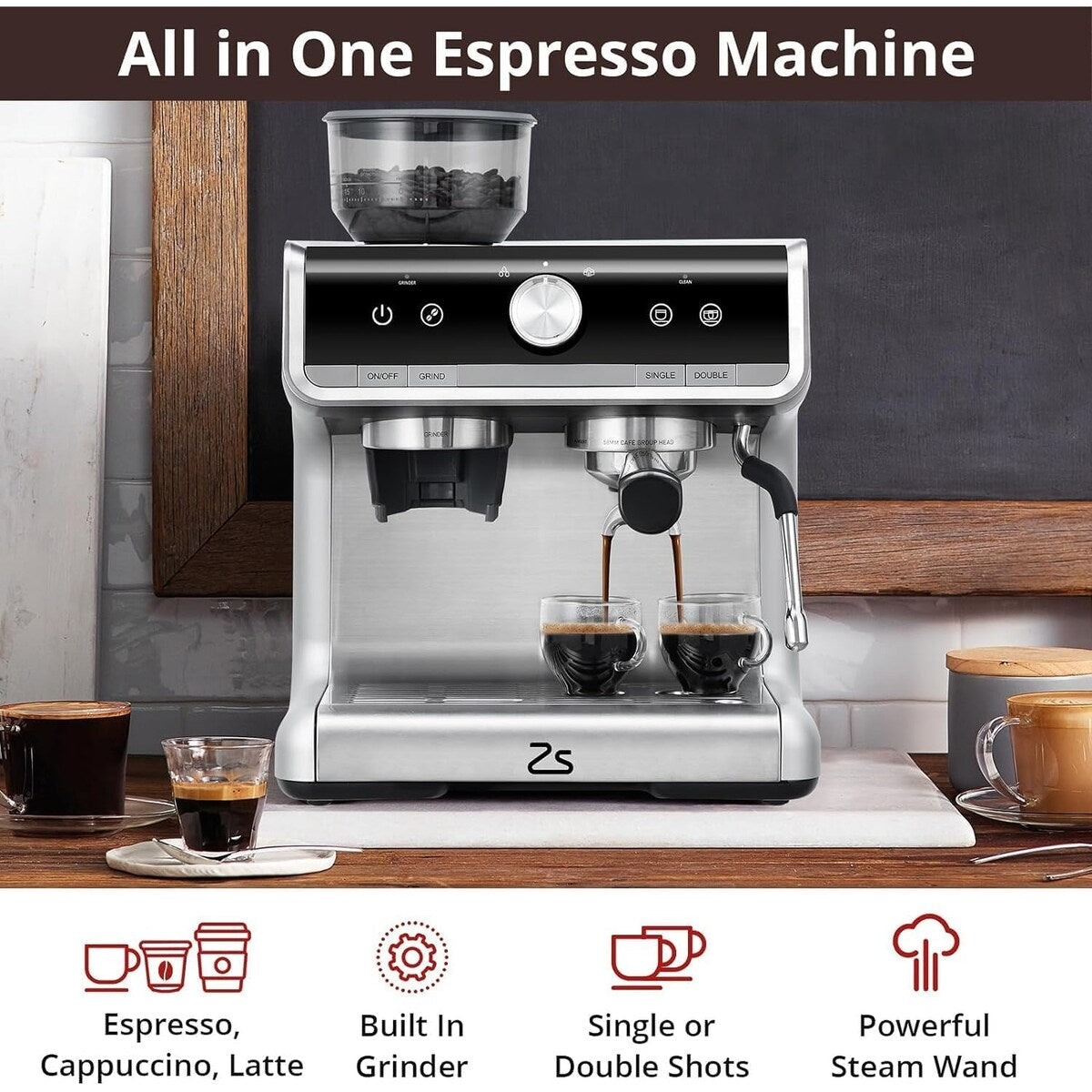 Espresso Coffee Maker, with Grinder, 2.8 L Water Tank
