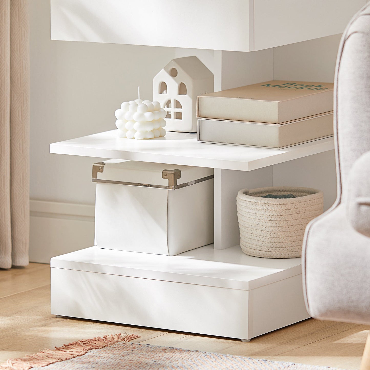 Table de chevet en bois blanc SoBuy Home avec tiroir et étagères de rangement, FBT49-W