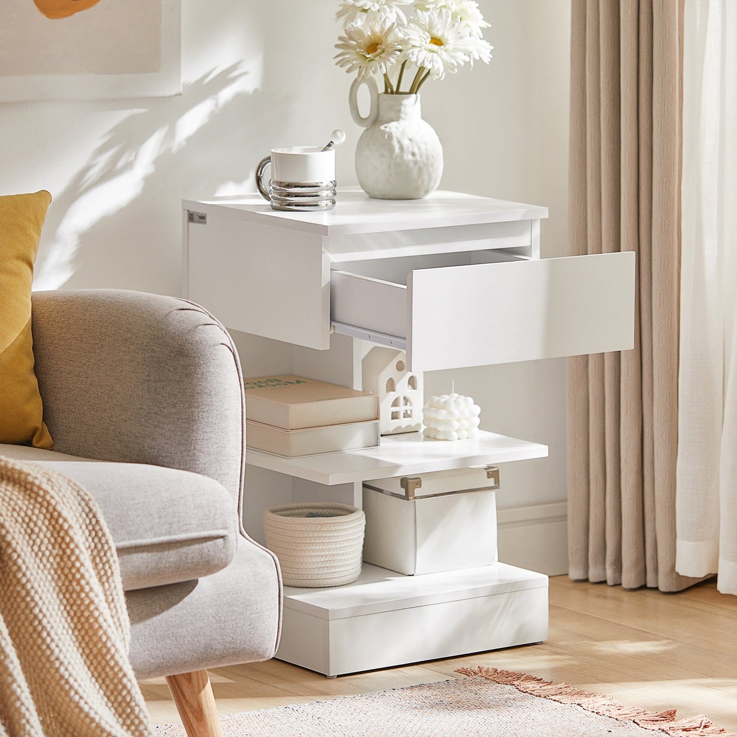 Table de chevet en bois blanc SoBuy Home avec tiroir et étagères de rangement, FBT49-W