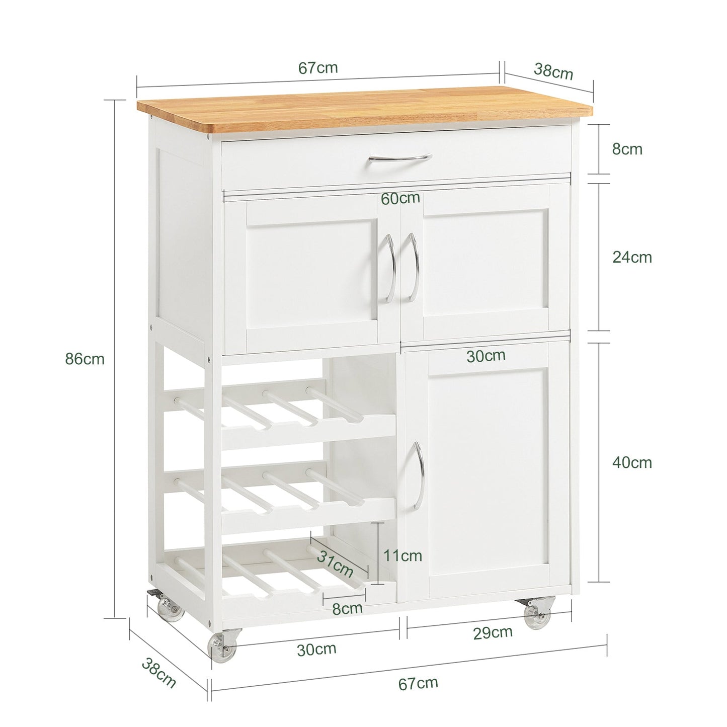 SoBuy FKW45-WN, Chariot de service de rangement de cuisine avec plan de travail en bois d'hévéa, Armoire de rangement de cuisine