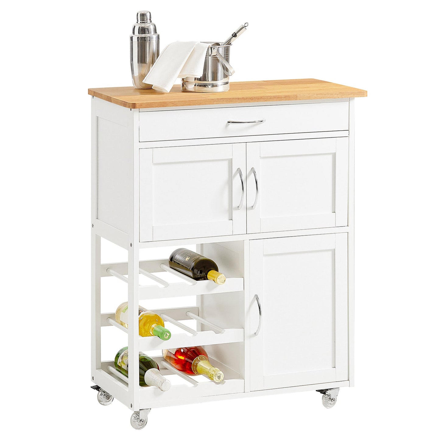 SoBuy FKW45-WN, Chariot de service de rangement de cuisine avec plan de travail en bois d'hévéa, Armoire de rangement de cuisine