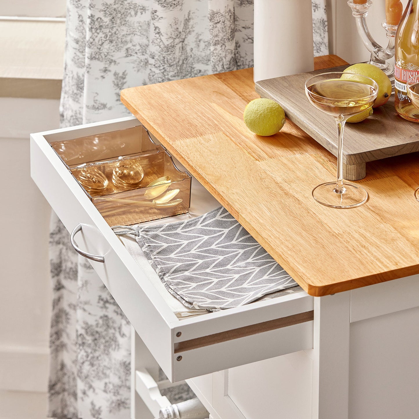SoBuy FKW45-WN, Chariot de service de rangement de cuisine avec plan de travail en bois d'hévéa, Armoire de rangement de cuisine