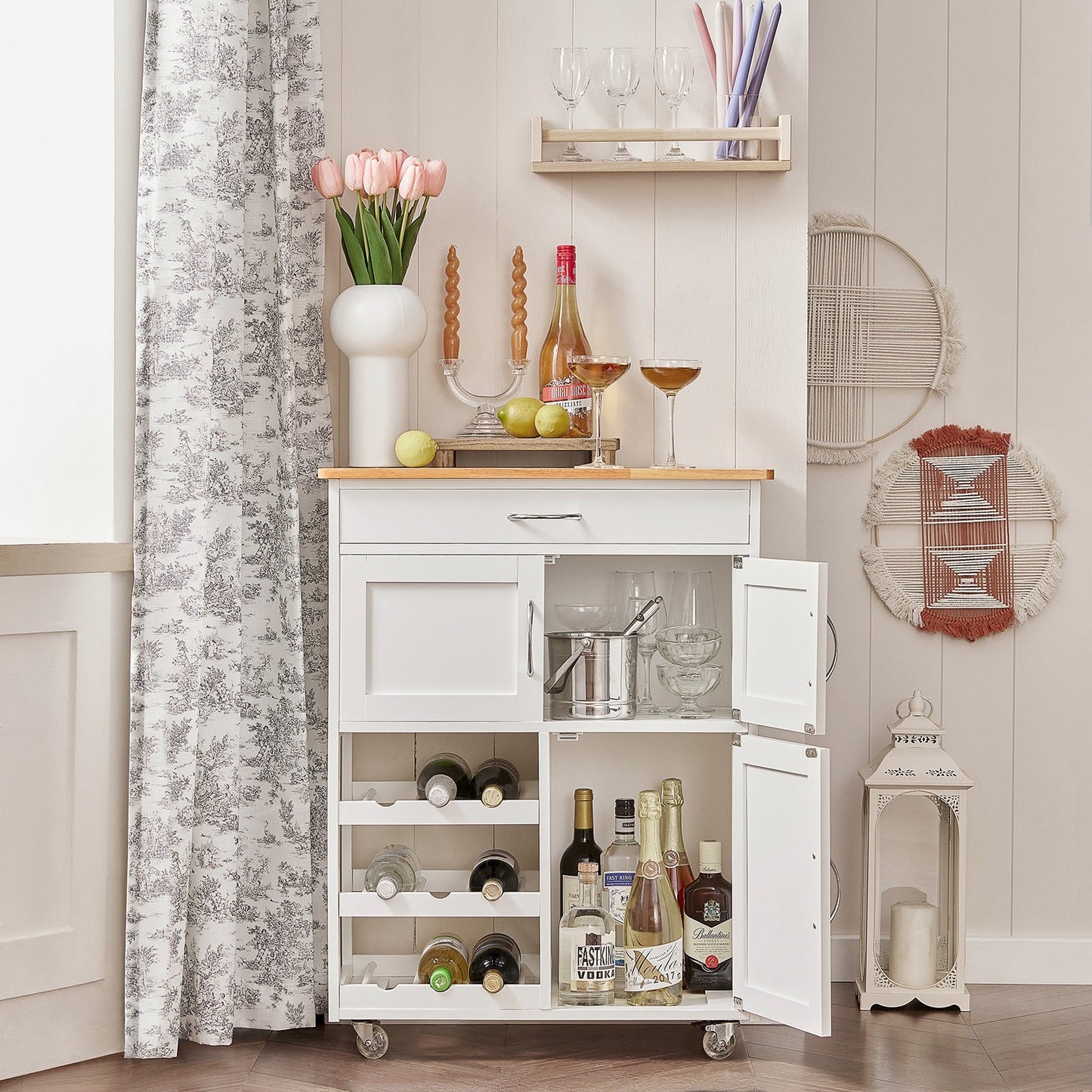 SoBuy FKW45-WN, Chariot de service de rangement de cuisine avec plan de travail en bois d'hévéa, Armoire de rangement de cuisine