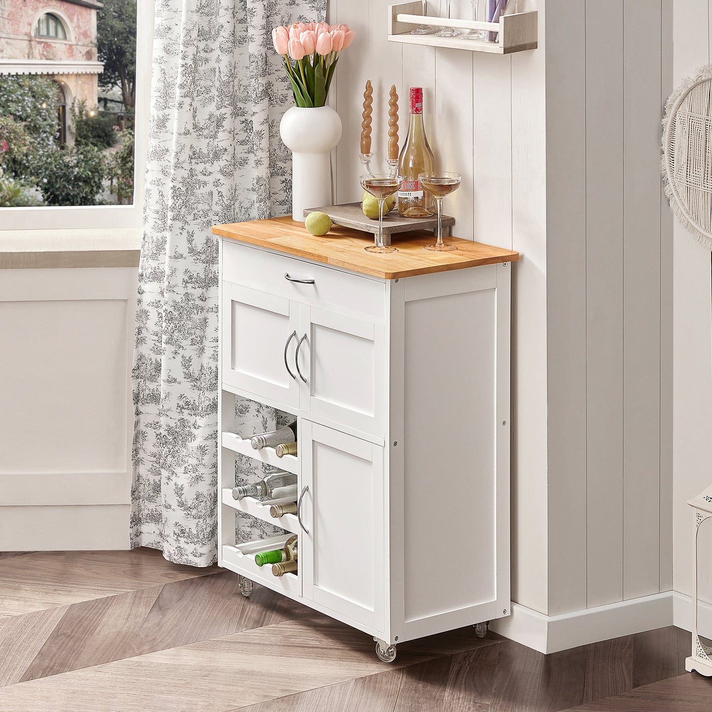 SoBuy FKW45-WN, Chariot de service de rangement de cuisine avec plan de travail en bois d'hévéa, Armoire de rangement de cuisine