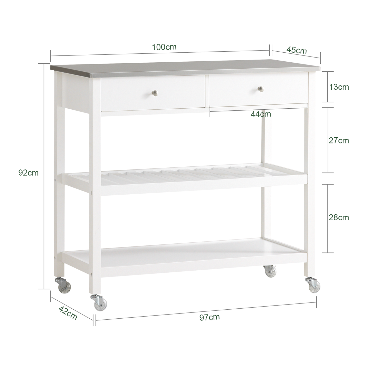 SoBuy FKW47-W, chariot de service et de rangement de cuisine blanc avec plan de travail en acier inoxydable, L 100 x P 45 x H 92 cm