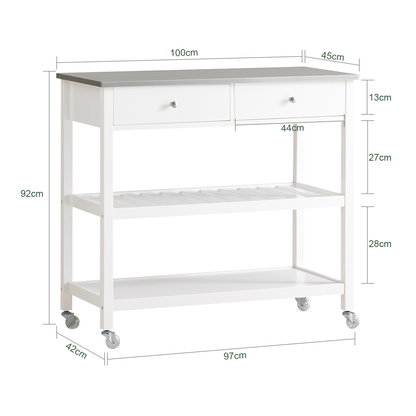 SoBuy FKW47-W, chariot de service et de rangement de cuisine blanc avec plan de travail en acier inoxydable, L 100 x P 45 x H 92 cm