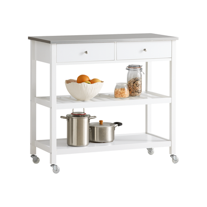 SoBuy FKW47-W, chariot de service et de rangement de cuisine blanc avec plan de travail en acier inoxydable, L 100 x P 45 x H 92 cm