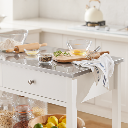 SoBuy FKW47-W, chariot de service et de rangement de cuisine blanc avec plan de travail en acier inoxydable, L 100 x P 45 x H 92 cm