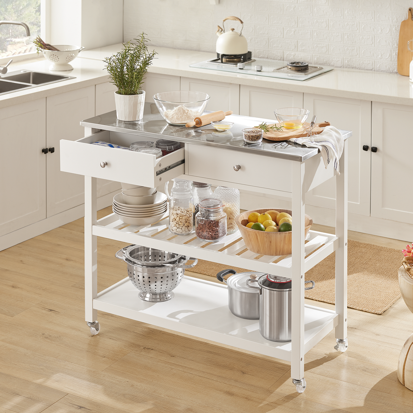 SoBuy FKW47-W, chariot de service et de rangement de cuisine blanc avec plan de travail en acier inoxydable, L 100 x P 45 x H 92 cm