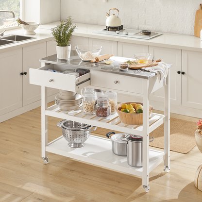 SoBuy FKW47-W, chariot de service et de rangement de cuisine blanc avec plan de travail en acier inoxydable, L 100 x P 45 x H 92 cm