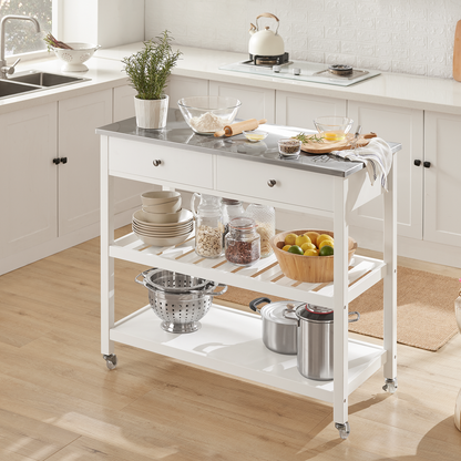 SoBuy FKW47-W, chariot de service et de rangement de cuisine blanc avec plan de travail en acier inoxydable, L 100 x P 45 x H 92 cm