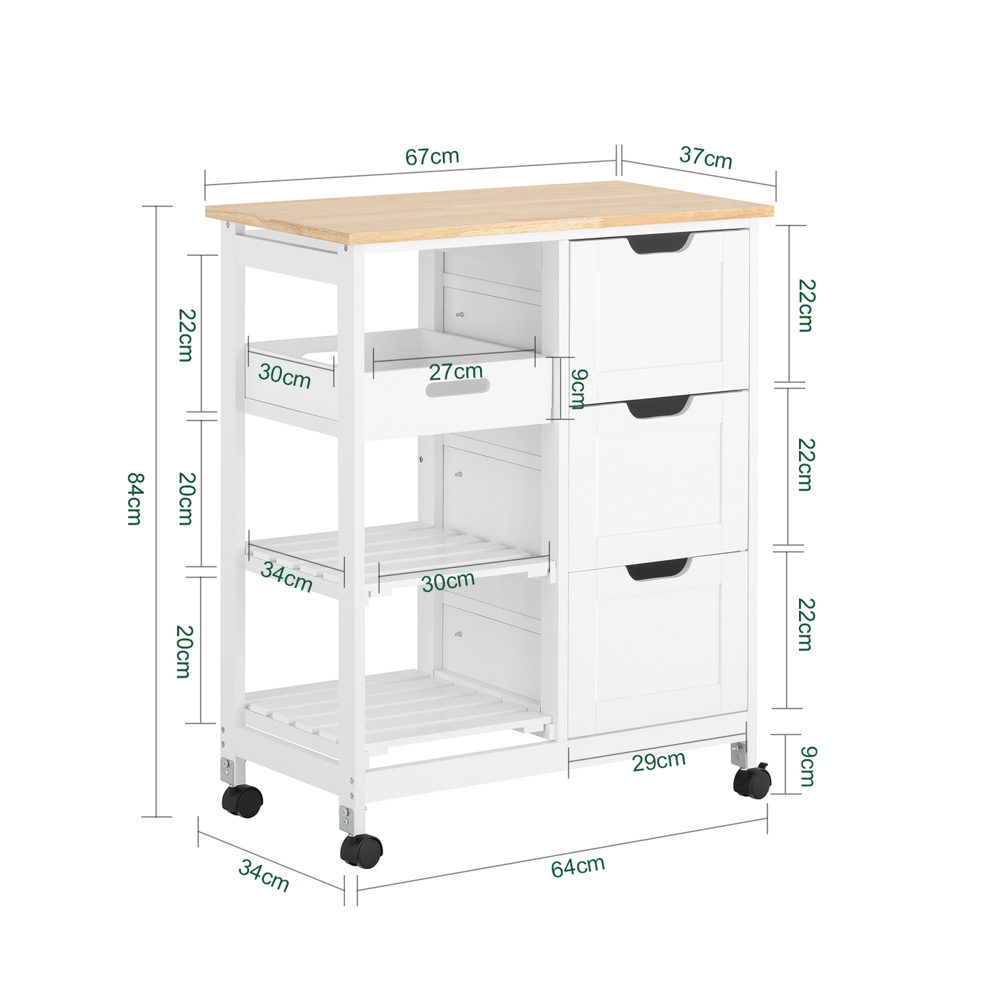 SoBuy FKW79-W, Chariot de service de cuisine avec 3 tiroirs et plateau amovible, Chariot de rangement de cuisine, Blanc