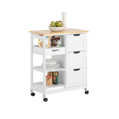 SoBuy FKW79-W, Chariot de service de cuisine avec 3 tiroirs et plateau amovible, Chariot de rangement de cuisine, Blanc
