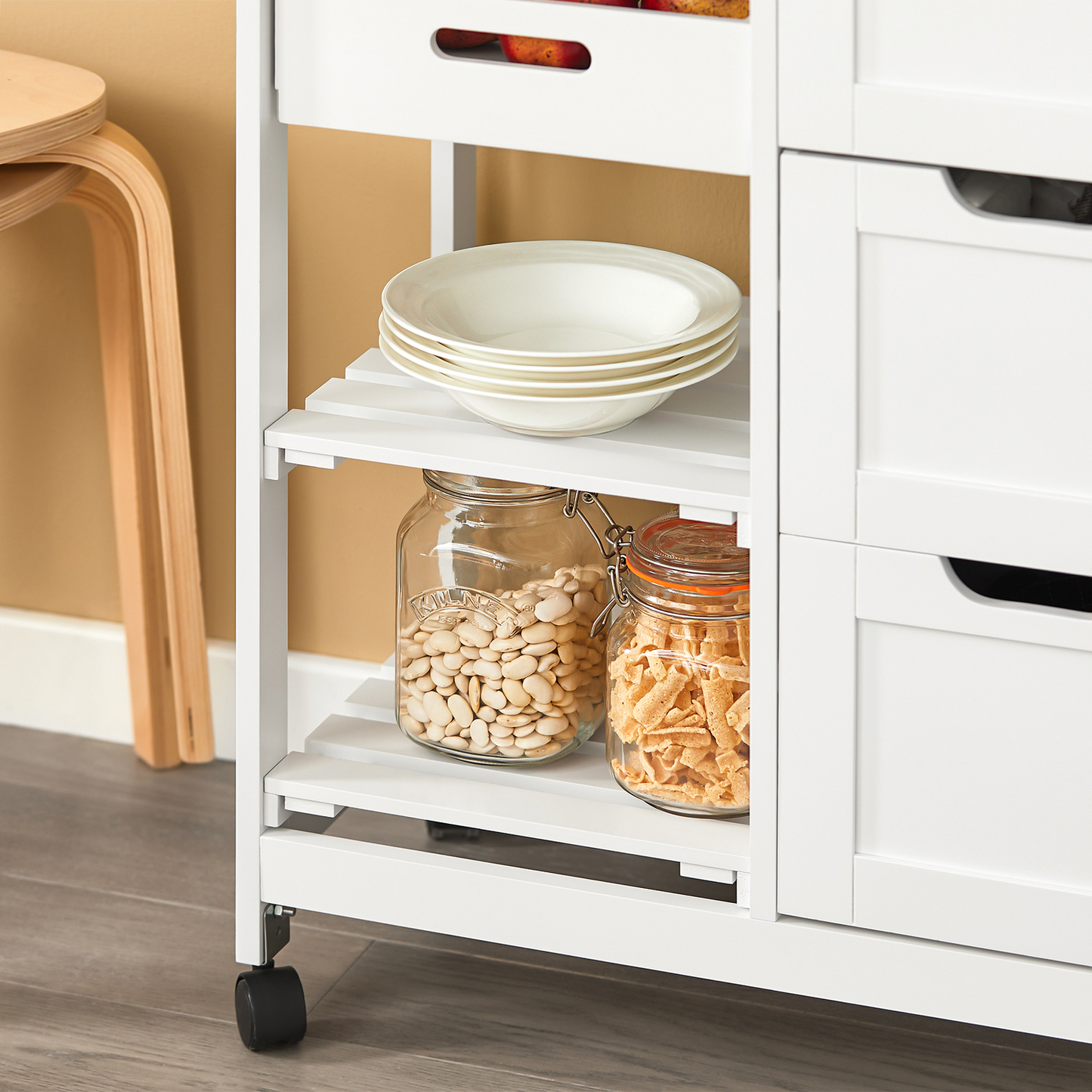 SoBuy FKW79-W, Chariot de service de cuisine avec 3 tiroirs et plateau amovible, Chariot de rangement de cuisine, Blanc