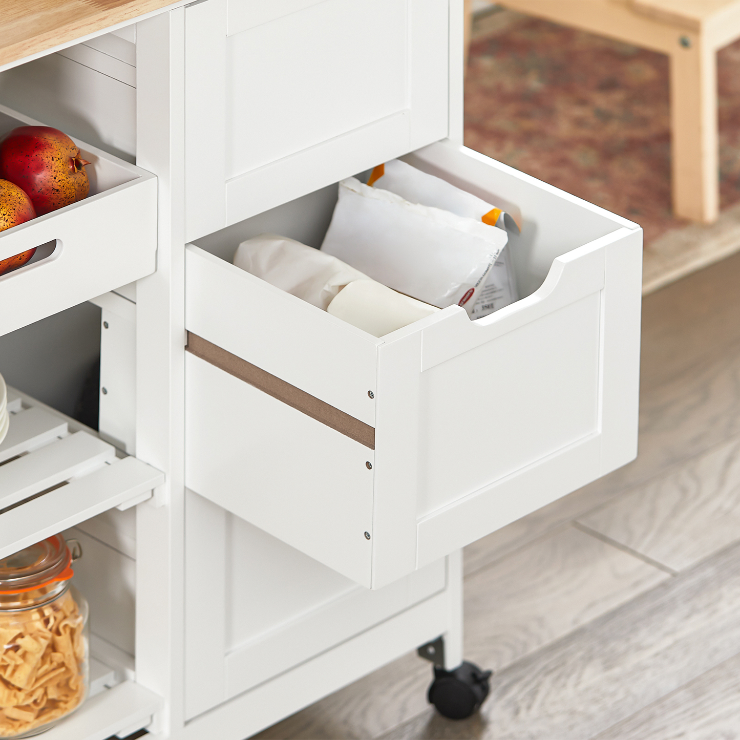 SoBuy FKW79-W, Chariot de service de cuisine avec 3 tiroirs et plateau amovible, Chariot de rangement de cuisine, Blanc
