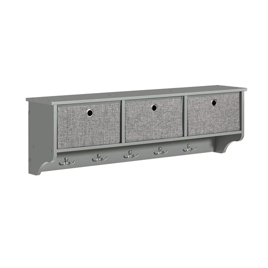 SoBuy FRG282-HG, Porte-manteau mural, étagère murale, meuble de rangement mural avec 3 paniers et 5 crochets, gris