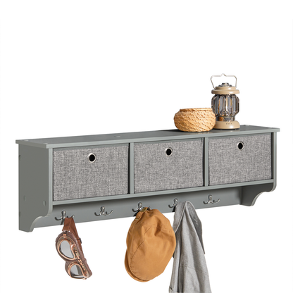 SoBuy FRG282-HG, Porte-manteau mural, étagère murale, meuble de rangement mural avec 3 paniers et 5 crochets, gris