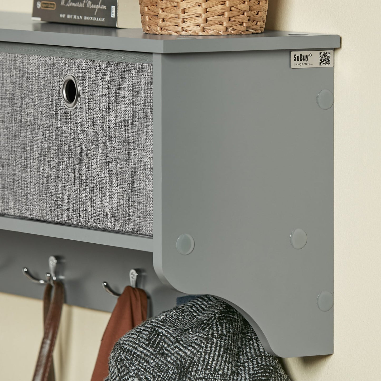 SoBuy FRG282-HG, Porte-manteau mural, étagère murale, meuble de rangement mural avec 3 paniers et 5 crochets, gris