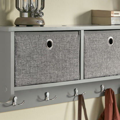 SoBuy FRG282-HG, Porte-manteau mural, étagère murale, meuble de rangement mural avec 3 paniers et 5 crochets, gris