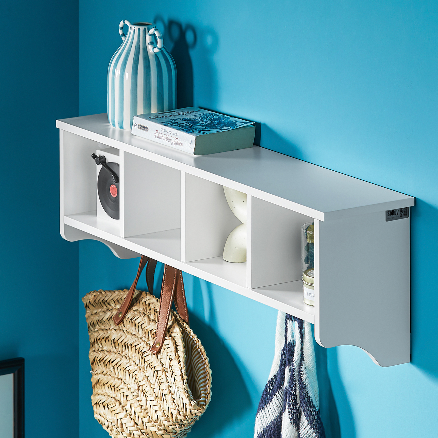 SoBuy FRG48-LW, Porte-manteau mural, unité de rangement avec 4 éléments et 5 crochets