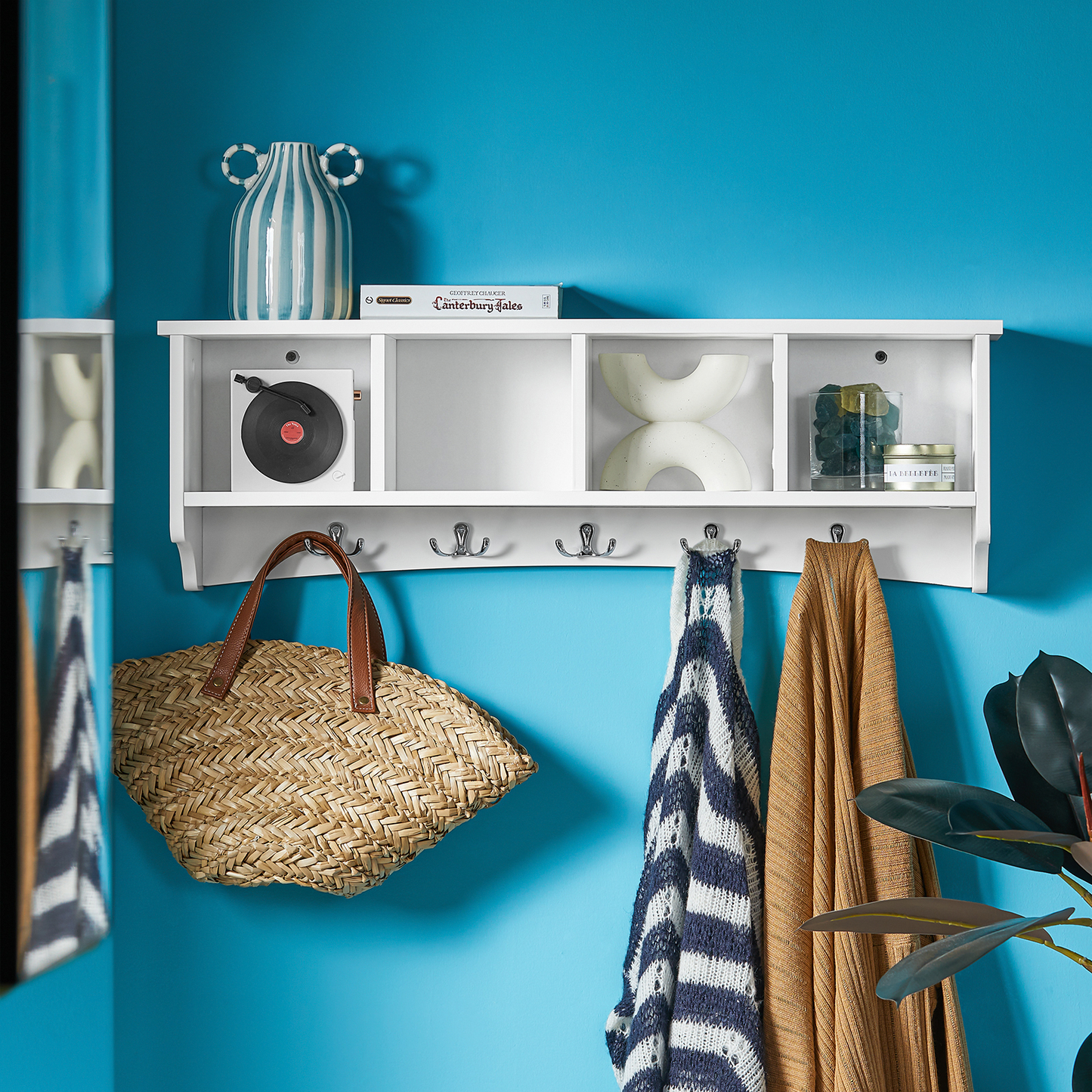 SoBuy FRG48-LW, Porte-manteau mural, unité de rangement avec 4 éléments et 5 crochets