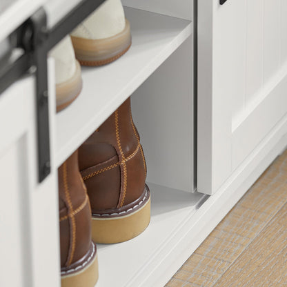 Banc à chaussures de rangement SoBuy avec portes coulissantes de style grange et coussin d'assise rembourré, meuble à chaussures d'entrée FSR133-W
