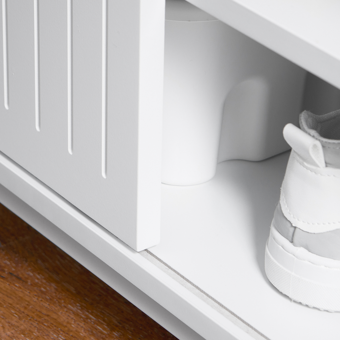 SoBuy FSR166-W, Banc à chaussures d'entrée, meuble à chaussures avec 2 sièges et 1 porte coulissante