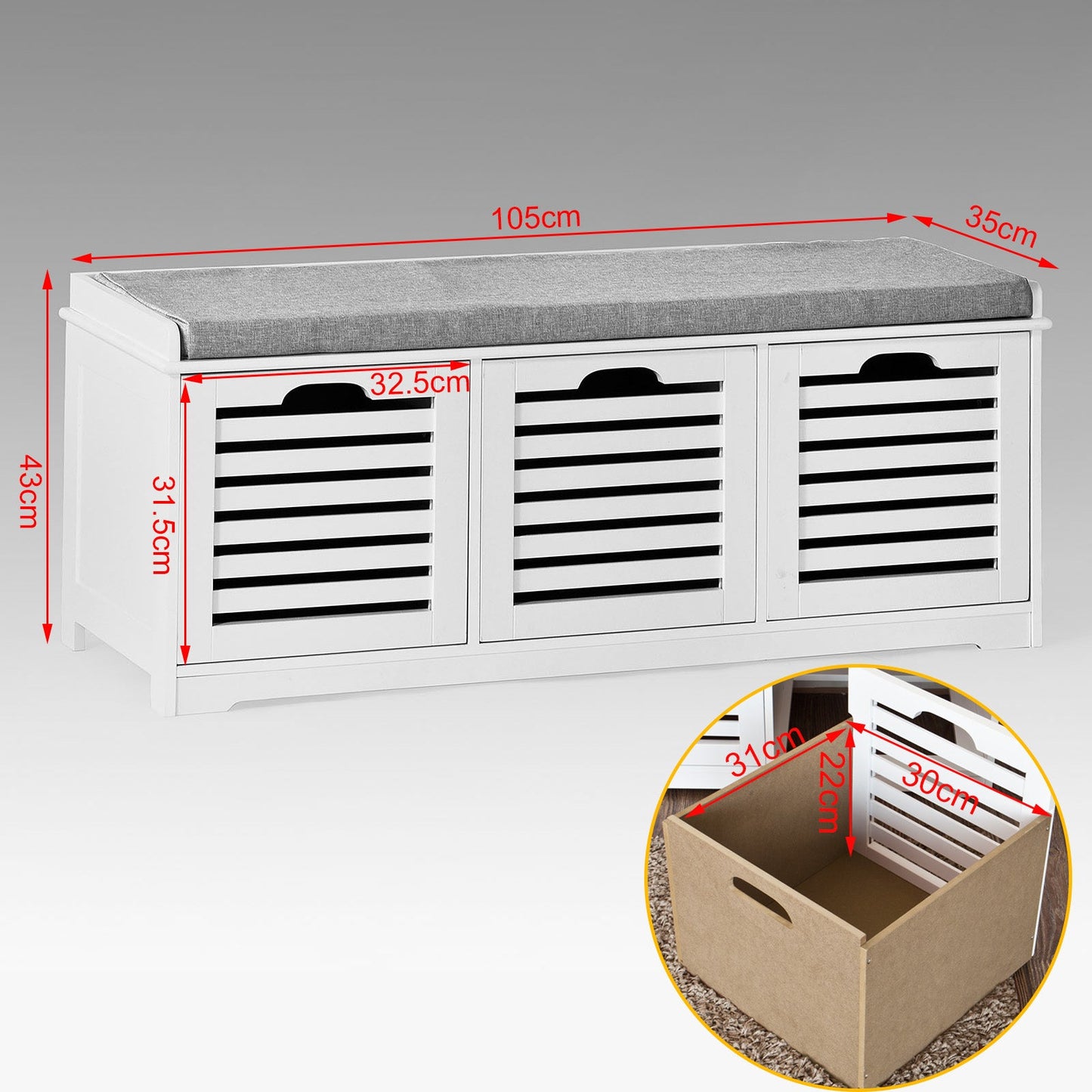 Banc de rangement à chaussures SoBuy avec tiroirs et coussin, FSR23-W
