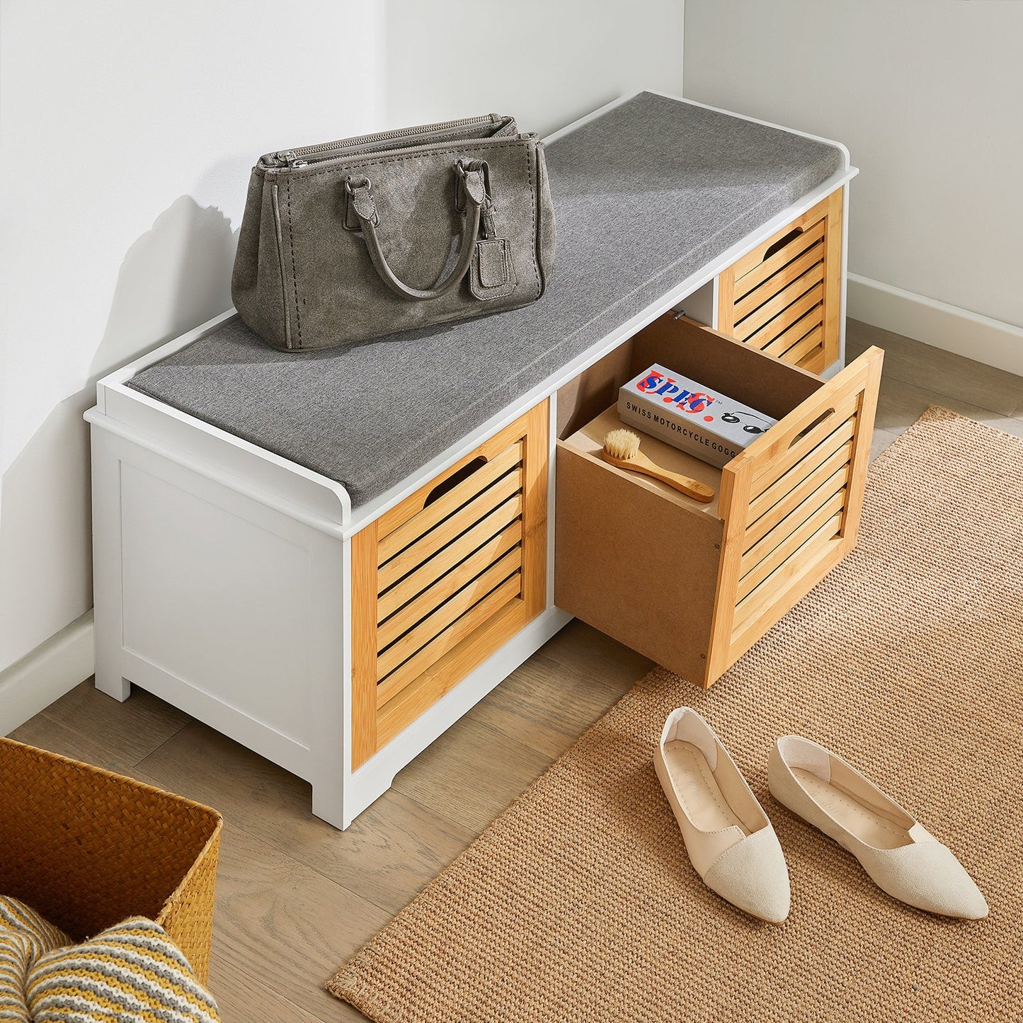 Banc de rangement pour chaussures d'entrée SoBuy avec tiroirs et coussin, FSR23-WN