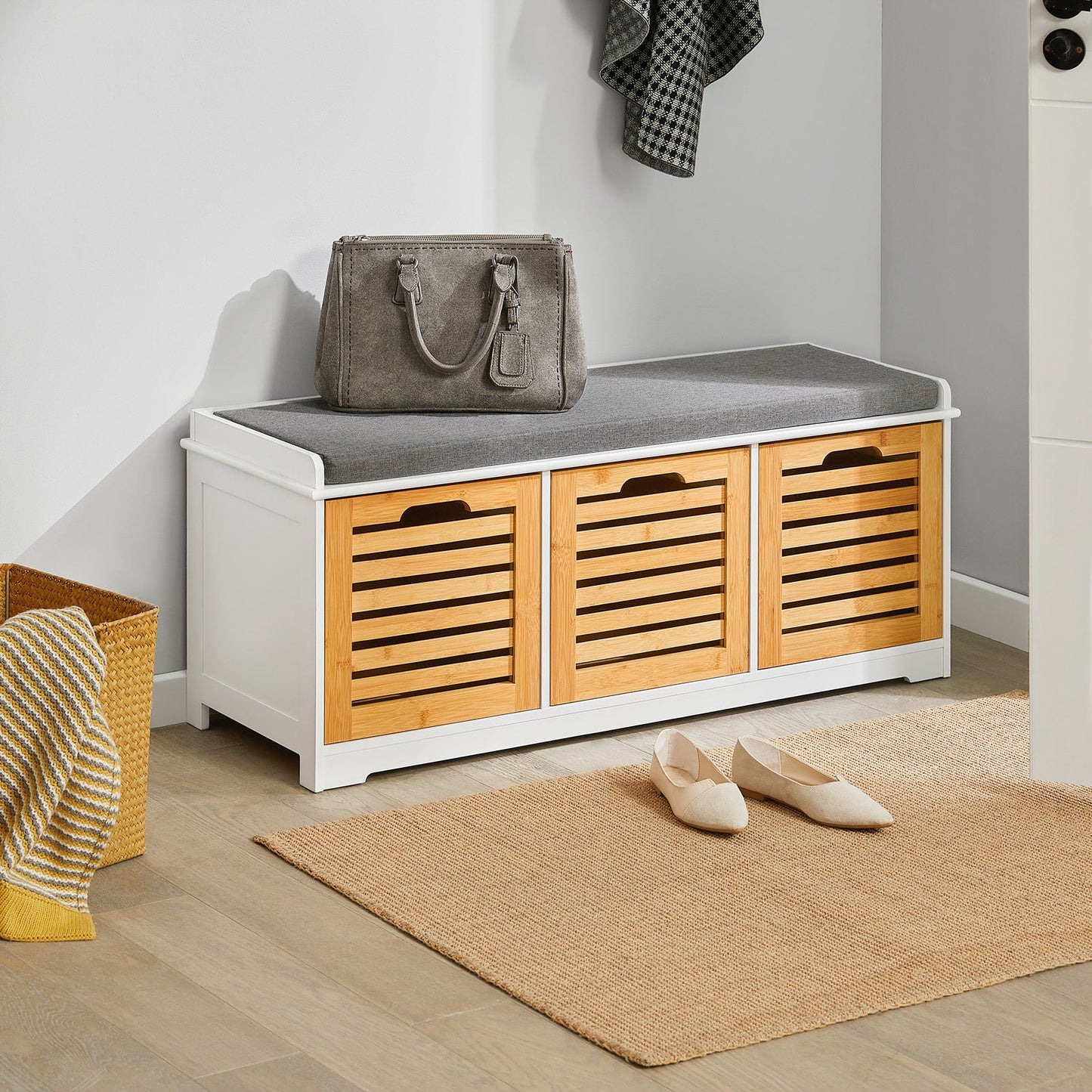 Banc de rangement pour chaussures d'entrée SoBuy avec tiroirs et coussin, FSR23-WN