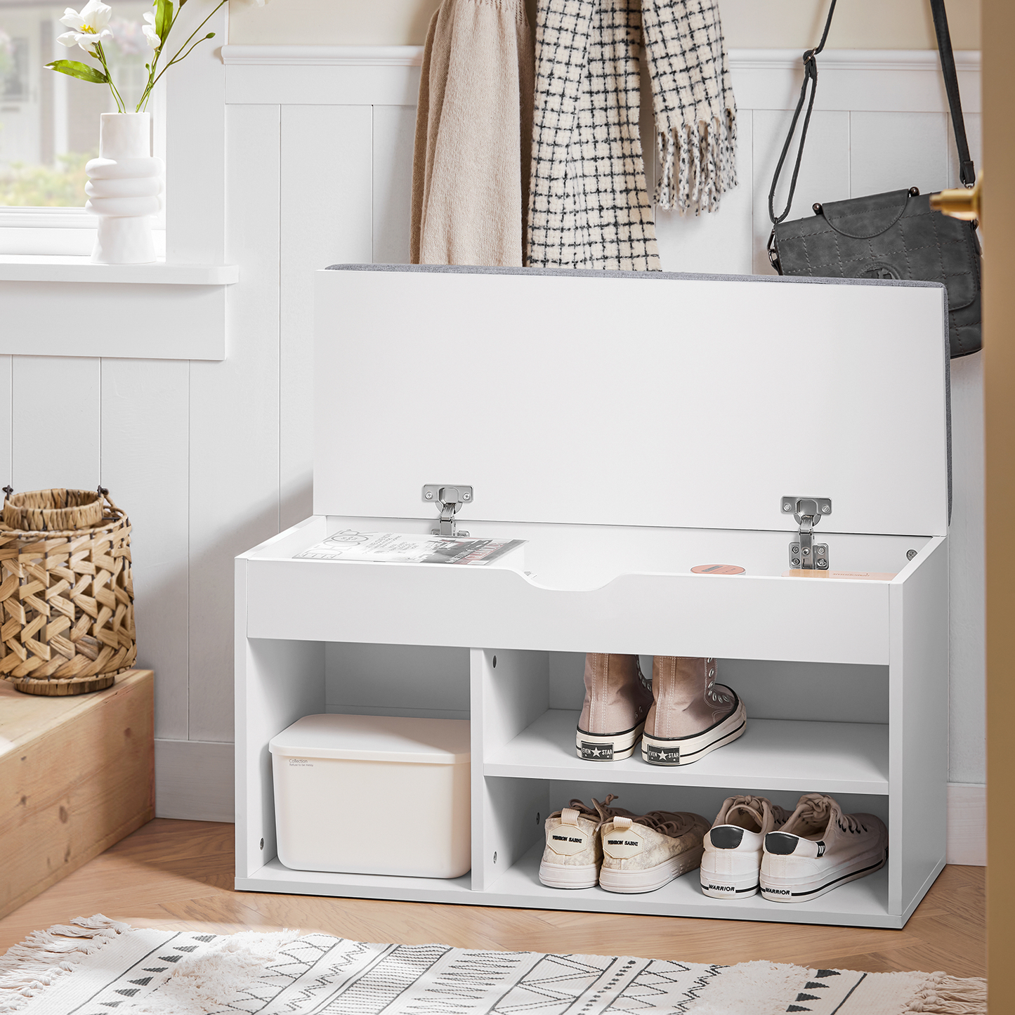 SoBuy FSR45-HG, meuble de rangement pour chaussures, banc à chaussures avec plateau relevable et coussin gris